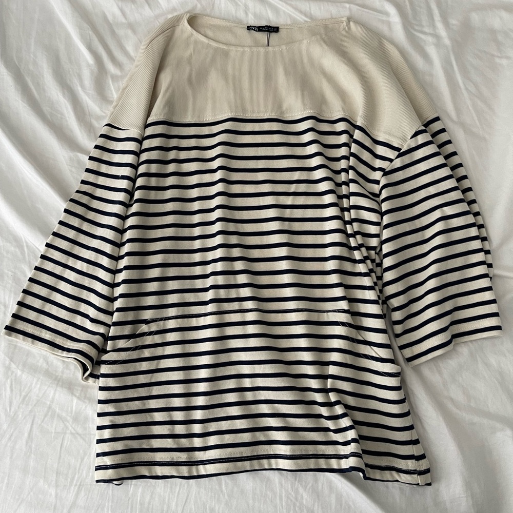 Zara Striped White and Black Women's Top size large